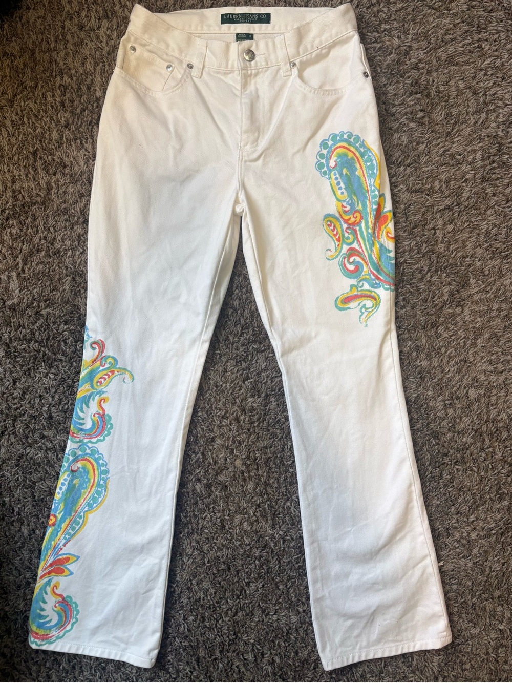 Lauren Ralph Lauren White Flare Jeans with Multicolor Paisley Embroidery